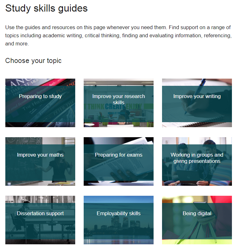 Screenshot - study skills guides web page