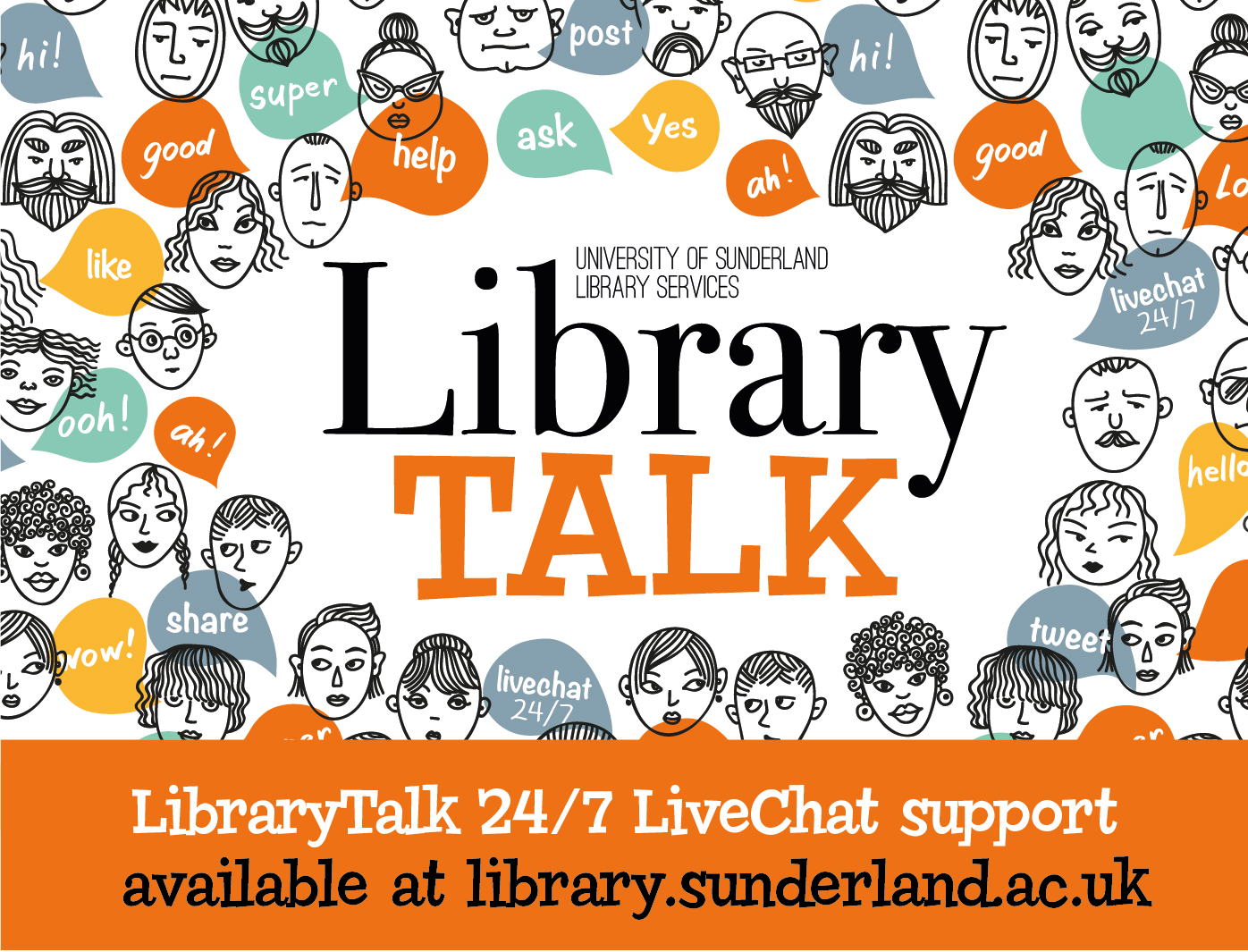 Library Talk (pictures of lots of heads with chat boxes)