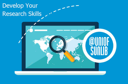 Develop Your Research Skills banner above a laptop with the @UniofSunLib logo in front