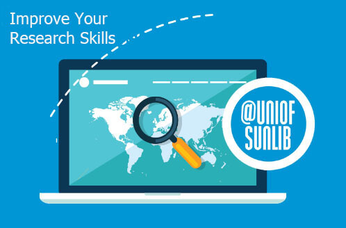 Improve Your Research Skills banner above lapto with a map of the word on display and the @UniofSunLib logo in front