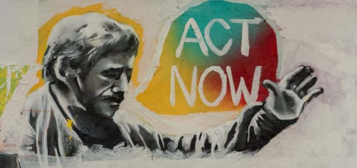 Act now artwork of man saying 'act now'