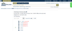 HeinOnline Criminology and Criminal Justice home page with TOC alert button