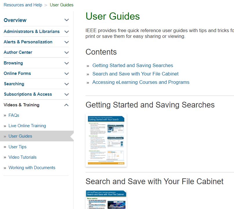 screenshot of IEEE database help guides