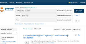 Library Search for "stop and search" with results and Share button to set up an alert