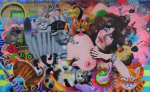 Rosalind Faram_Startled by Cats _oil, acrylic, metal foil,glitter, polystyrene on canvas 162 x 100 cms 2020