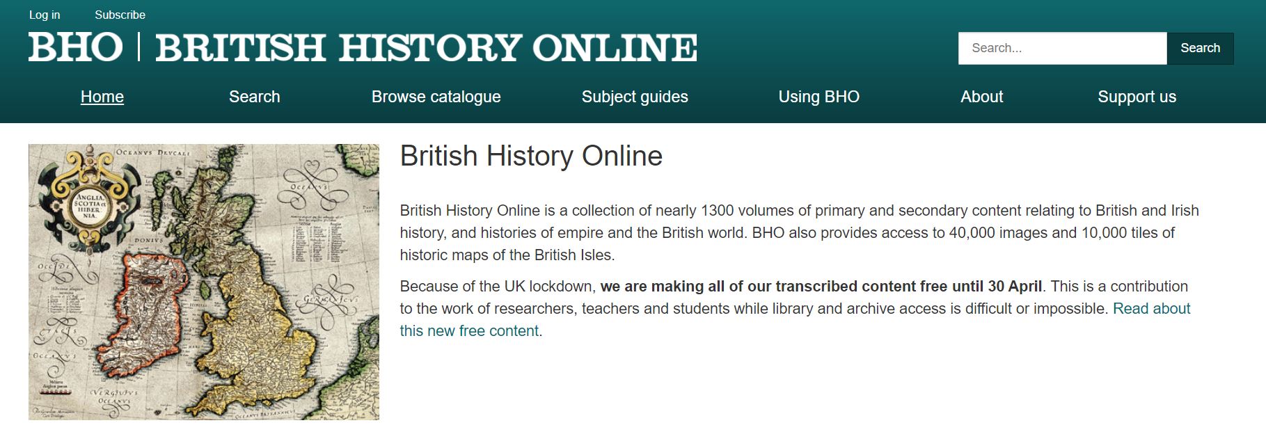 screenshot of British History Online homepage