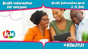 Banner for Health Information Week 2021 with a young woman holding a tablet device smiling at an older woman to her right with a man on the left looking on