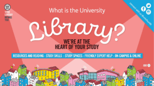 cartoon drawing of buildings with text 'What is the University Library? We're at the heart of your study'