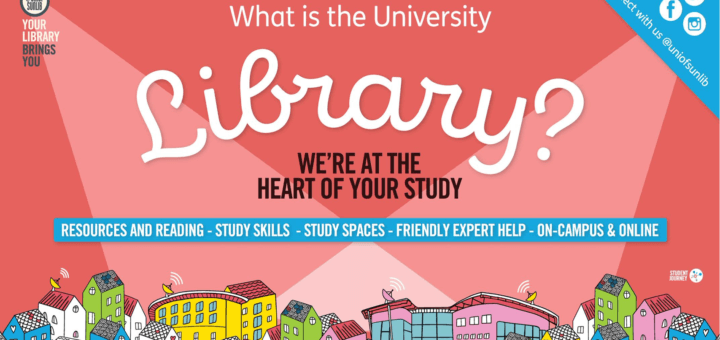 cartoon drawing of buildings with text 'What is the University Library? We're at the heart of your study'