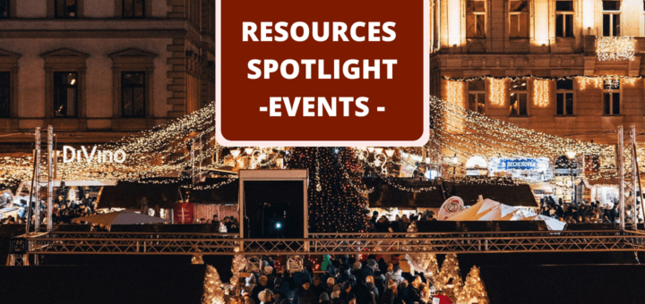 Budapest Christmas market at night with text 'Events Resources Spotlight'