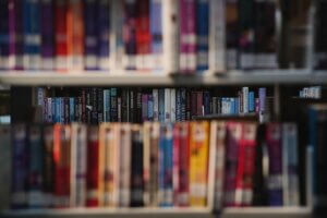 Library bookshelves.