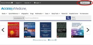 AccessMedicine home page with Sign In circled in red