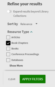 Library Search - filters Screenshot of Book chapters filter on Library Search