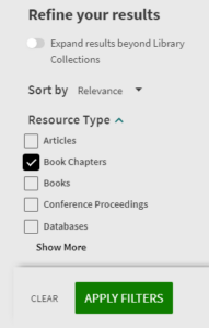 Screenshot of Book chapters filter on Library Search