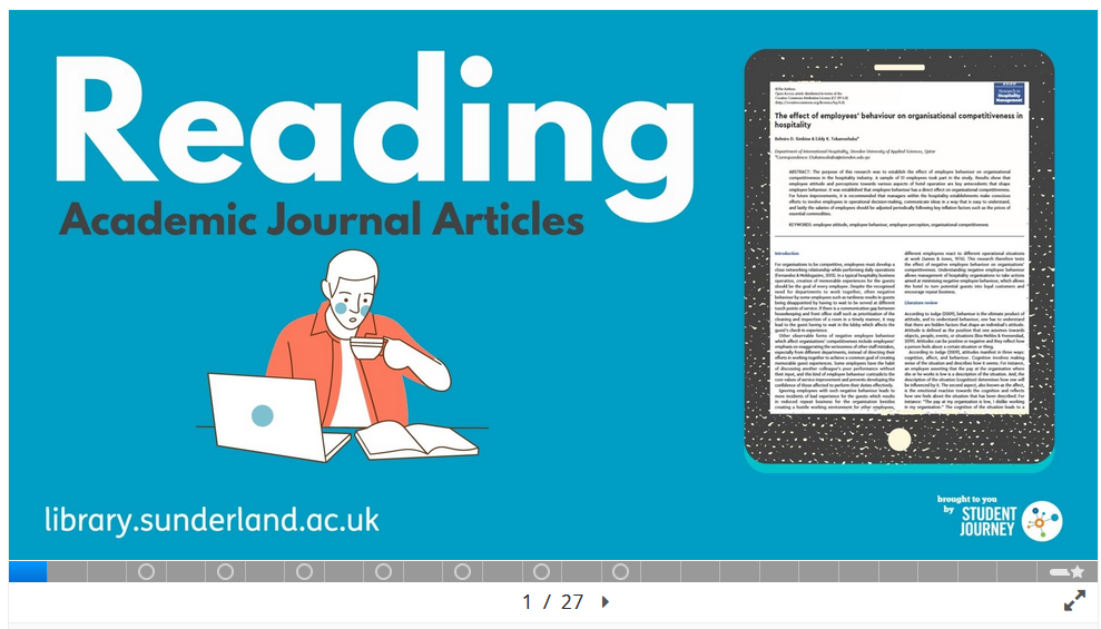 Clip art of man drinking coffee and an open laptop with text: reading academic journal articles'.