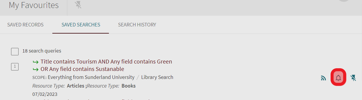 Library search screenshot of the saved search with a bell icon