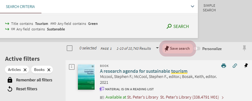 Screenshot of Library Search with 'Save Search' option highlighted